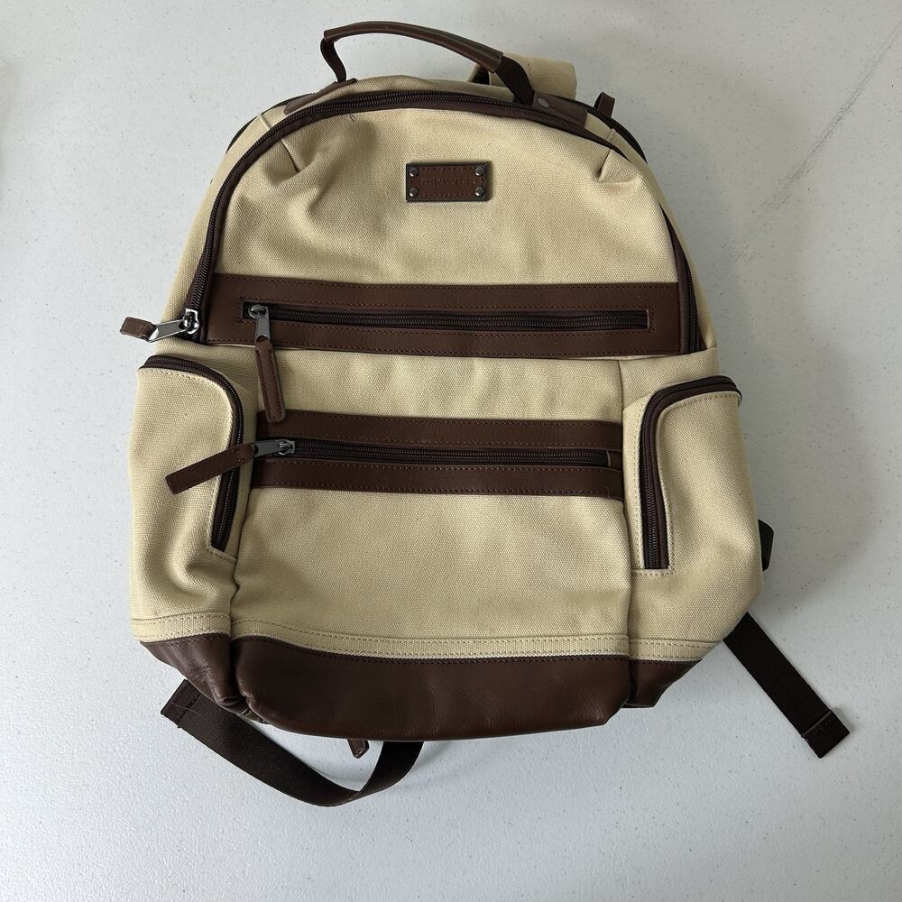 Renwick Backpack Canvas Leather Trim RFID Blocker Laptop Pocket Padded Beige 15"